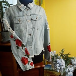 ✔Distressed Jeans Jacket Embroidered Roses 100 % Cotton Design-Say What? Size XL